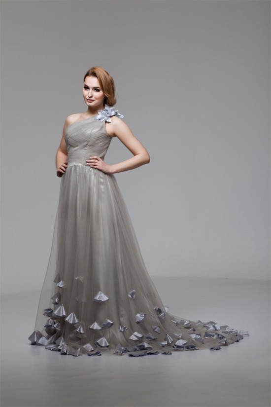 A-Line One-Shoulder Fine Netting Sleeveless Prom/Formal Evening Dresses 02020460 A-Line One-Shoulder Fine Netting Sleeveless Prom/Formal Evening Dresses 02020460