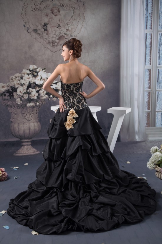 A-Line Strapless Satin Taffeta Lace Handmade Flowers Prom/Formal Evening Dresses 02020465