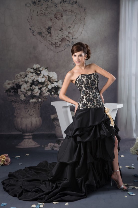 A-Line Strapless Satin Taffeta Lace Handmade Flowers Prom/Formal Evening Dresses 02020465