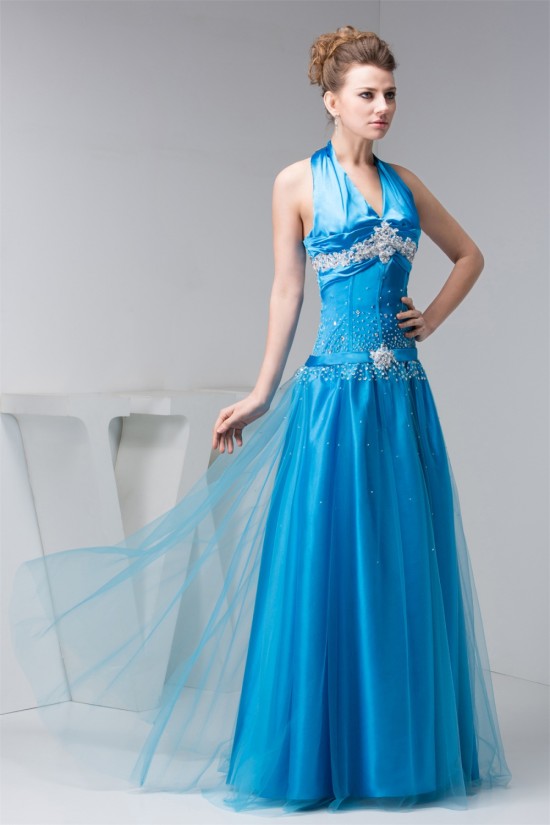 A-Line Beading Floor-Length Halter Fine Netting Prom/Formal Evening Dresses 02020480