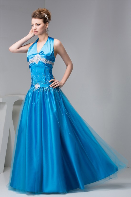 A-Line Beading Floor-Length Halter Fine Netting Prom/Formal Evening Dresses 02020480