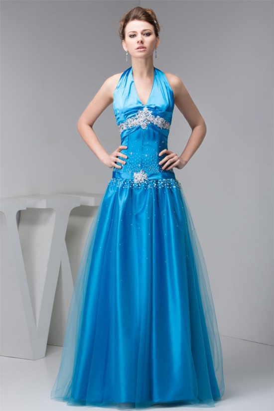 A-Line Beading Floor-Length Halter Fine Netting Prom/Formal Evening Dresses 02020480