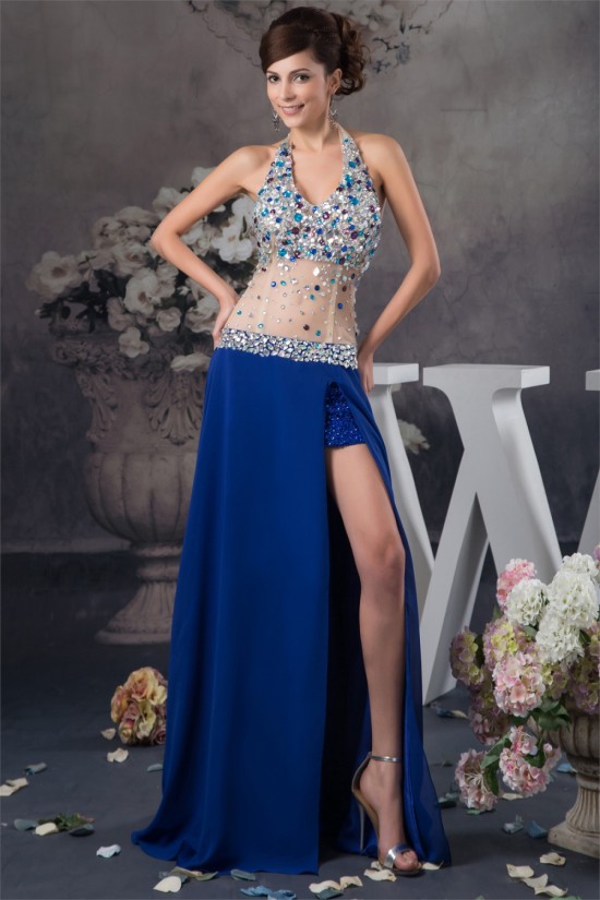 A-Line Halter Beaded Split Side Sleeveless Prom/Formal Evening Dresses 02020496