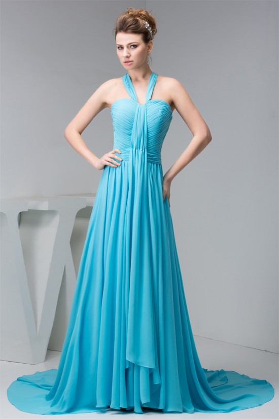 Halter Sleeveless Long Blue Chiffon Prom/Formal Evening Dresses 02020530