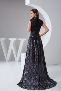 High-Neck Lace Sequins Long Black Prom/Formal Evening Dresses 02020533