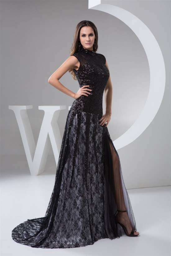 High-Neck Lace Sequins Long Black Prom/Formal Evening Dresses 02020533