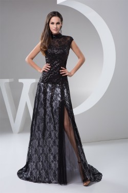 High-Neck Lace Sequins Long Black Prom/Formal Evening Dresses 02020533