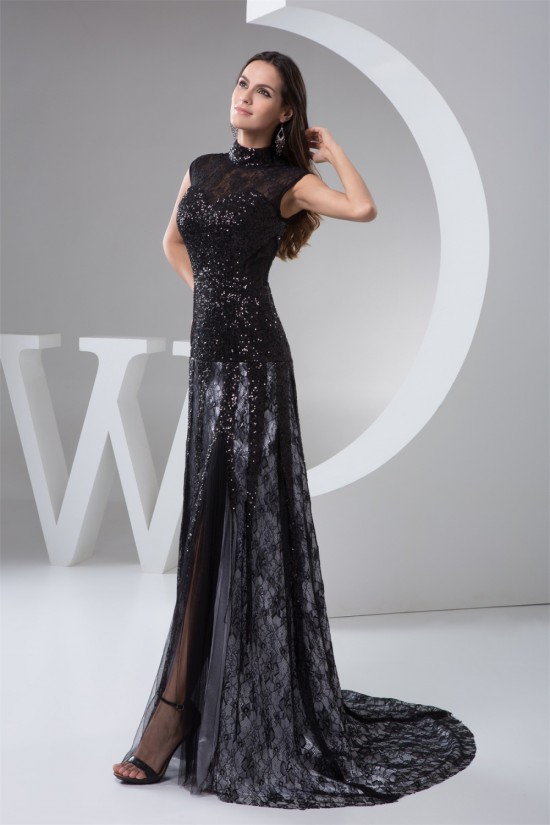 High-Neck Lace Sequins Long Black Prom/Formal Evening Dresses 02020533