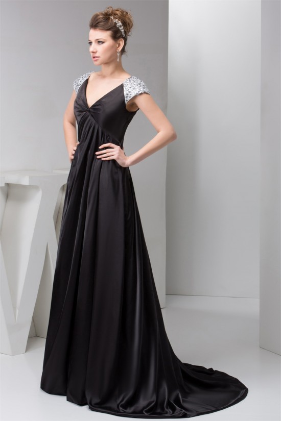 Pleats Silk like Satin Acrylic V-Neck A-Line Prom/Formal Evening Maternity Dresses 02020540
