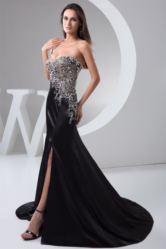 A-Line Sweetheart Brush Sweep Train Long Black Prom/Formal Evening Dresses 02020549