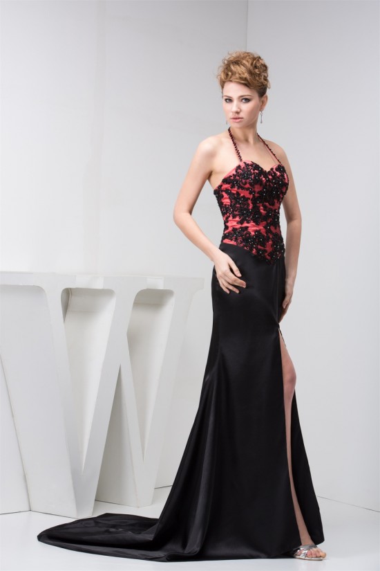 Silk like Satin Halter Sleeveless Split Front Evening Prom Formal Dresses 02020568