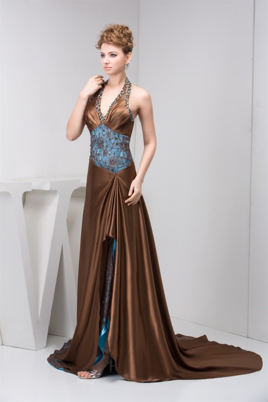 Sleeveless Halter Lace A-Line Brush Sweep Train Prom/Formal Evening Dresses 02020584 Sleeveless Halter Lace A-Line Brush Sweep Train Prom/Formal Evening Dresses 02020584