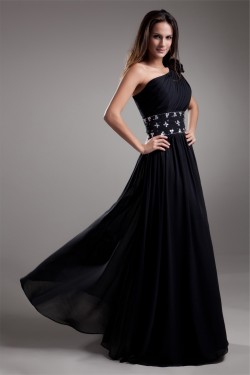 A-Line One-Shoulder Beaded Black Floor-Length Prom/Formal Evening Dresses 02020714