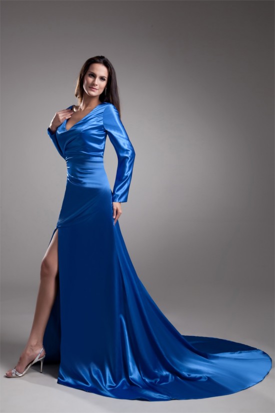 Elastic Woven Satin Beading V-Neck A-Line Prom/Formal Evening Dresses 02020719 Elastic Woven Satin Beading V-Neck A-Line Prom/Formal Evening Dresses 02020719