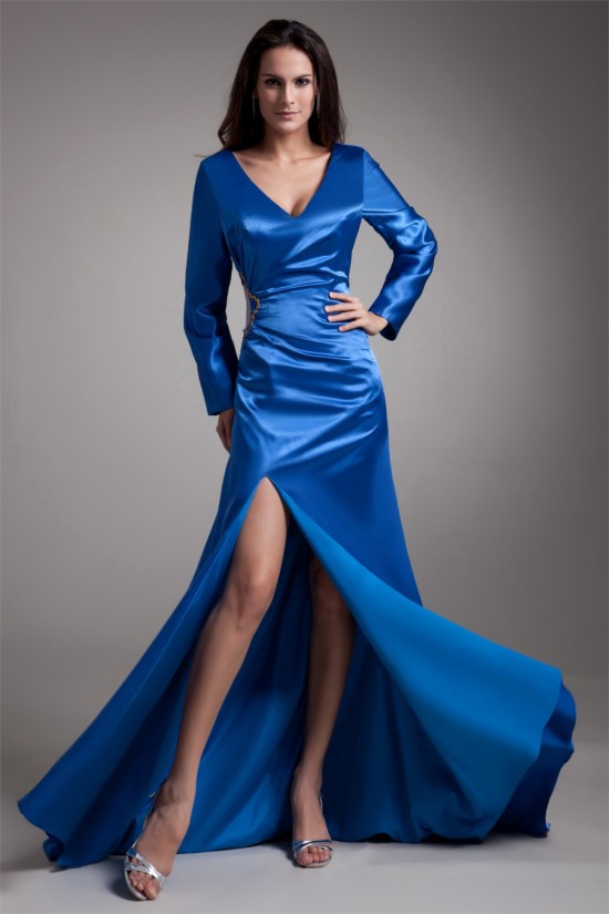 Elastic Woven Satin Beading V-Neck A-Line Prom/Formal Evening Dresses 02020719 Elastic Woven Satin Beading V-Neck A-Line Prom/Formal Evening Dresses 02020719