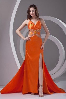 Elastic Woven Satin Halter Beading Sleeveless Prom/Formal Evening Dresses 02020722