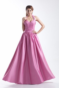 A-Line Halter Floor-Length Beading Satin Prom/Formal Evening Dresses 02020765