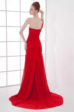 One-Shoulder Court Train Pleats Sheath/Column Prom/Formal Evening Dresses 02020785