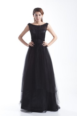 Pleats Bateau Satin Fine Netting Sleeveless Prom/Formal Evening Dresses 02020804