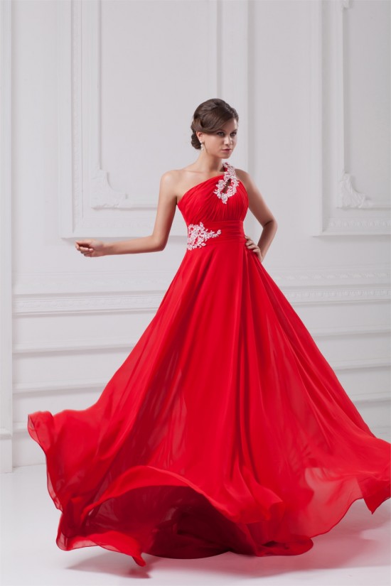 A-Line One-Shoulder Long Red Chiffon Prom/Formal Evening Dresses 02020819