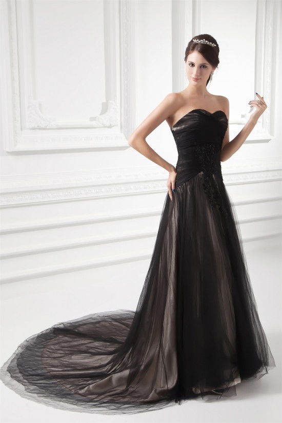 A-Line Fine Netting Sweetheart Sleeveless Long Black Prom/Formal Evening Dresses 02020820