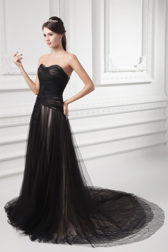 A-Line Fine Netting Sweetheart Sleeveless Long Black Prom/Formal Evening Dresses 02020820