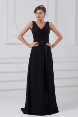 A-Line V-Neck Long Black Chiffon Evening Party Bridesmaid Dresses 02020823