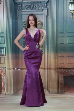 Satin V-Neck Crystal Flora Pin Brush Sweep Train Prom/Formal Evening Dresses 02020827