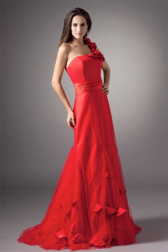 A-Line Silk like Satin Net Handmade Flowers Prom/Formal Evening Dresses 02020858