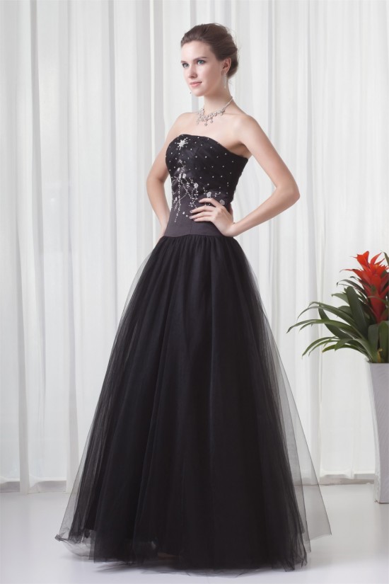 A-Line Sleeveless Beading Satin Fine Netting Strapless Prom/Formal Evening Dresses 02020868