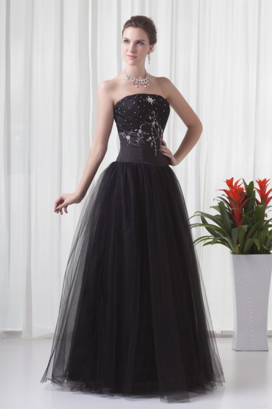 A-Line Sleeveless Beading Satin Fine Netting Strapless Prom/Formal Evening Dresses 02020868