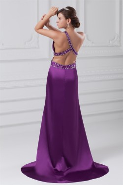A-Line Sleeveless Elastic Woven Satin One-Shoulder Long Purple Beading Prom/Formal Evening Dresses 02020876