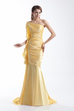 One-Shoulder Brush Sweep Train Long Yellow Prom/Formal Evening Dresses 02020888