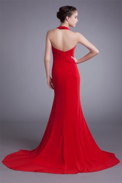 Split Side Sleeveless Halter Chiffon Elastic Woven Satin Prom/Formal Evening Dresses 02020914