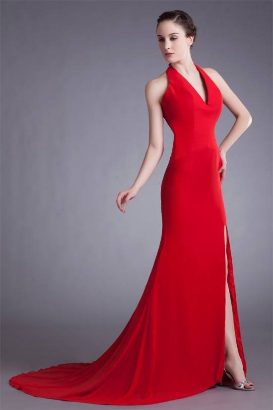 Split Side Sleeveless Halter Chiffon Elastic Woven Satin Prom/Formal Evening Dresses 02020914 Split Side Sleeveless Halter Chiffon Elastic Woven Satin Prom/Formal Evening Dresses 02020914