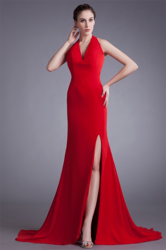 Split Side Sleeveless Halter Chiffon Elastic Woven Satin Prom/Formal Evening Dresses 02020914 Split Side Sleeveless Halter Chiffon Elastic Woven Satin Prom/Formal Evening Dresses 02020914