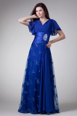 V-Neck Short Beading Chiffon Lace Elastic Woven Satin Prom/Formal Evening Dresses 02020964