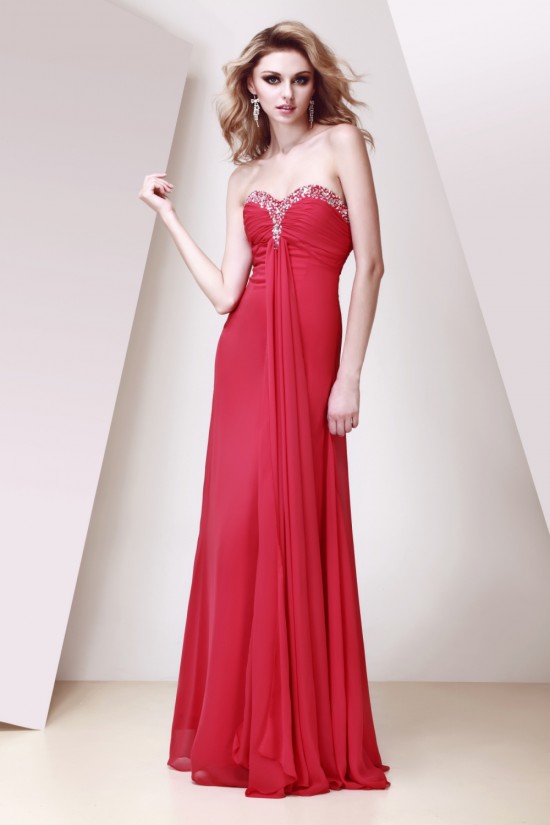 A-Line Sweetheart Beaded Red Long Chiffon Prom Evening Party Dresses 02020973