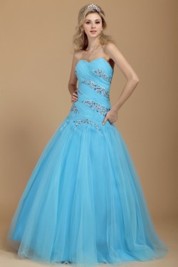 A-Line Sweetheart Beaded Long Blue Tulle Prom Evening Party Dresses 02020984