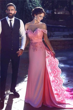 Charming Off-the-Shoulder Long Pink Lace Prom Evening Formal Dresses 3020001