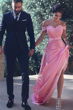 Charming Off-the-Shoulder Long Pink Lace Prom Evening Formal Dresses 3020001