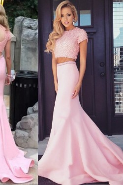 Two Pieces Pink Keyhole Back Prom Evening Formal Dresses 3020002