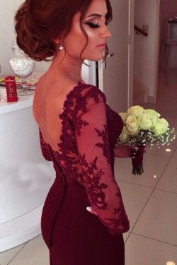Trumpet/Mermaid Off-the-Shoulder Long Sleeves Red Lace Prom Evening Formal Dresses 3020003