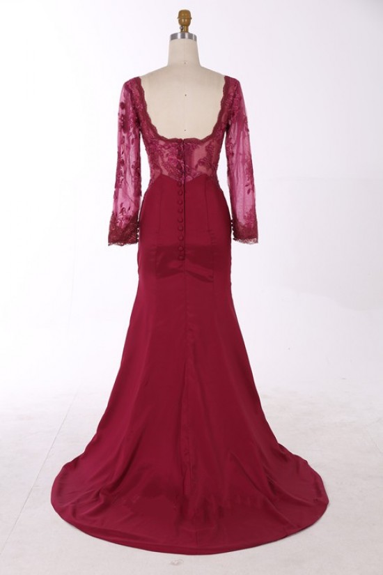 Trumpet/Mermaid Off-the-Shoulder Long Sleeves Red Lace Prom Evening Formal Dresses 3020003