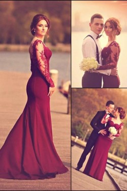Trumpet/Mermaid Off-the-Shoulder Long Sleeves Red Lace Prom Evening Formal Dresses 3020003