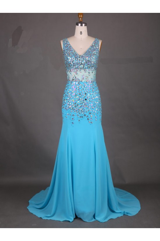 Long Blue Beaded Prom Evening Formal Dresses 3020006