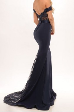 Trumpet/Mermaid Off-the-Shoulder Long Black Lace Prom Evening Formal Dresses 3020008
