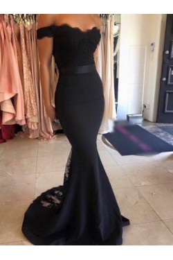 Trumpet/Mermaid Off-the-Shoulder Long Black Lace Prom Evening Formal Dresses 3020008