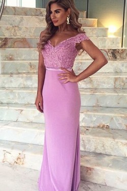 Trumpet/Mermaid Off-the-Shoulder Long Pink Lace Prom Evening Formal Dresses 3020009