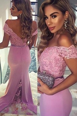 Trumpet/Mermaid Off-the-Shoulder Long Pink Lace Prom Evening Formal Dresses 3020009